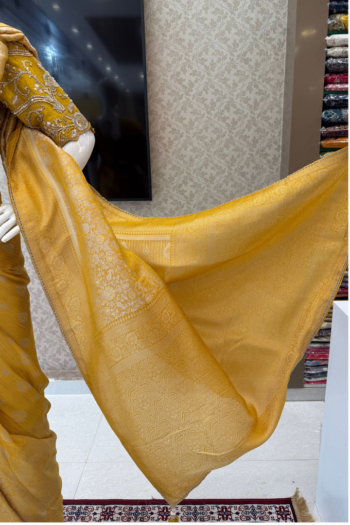 Yellow Zari work Saree with Pearl, Zardozi, Beads and Sequins work Readymade Blouse