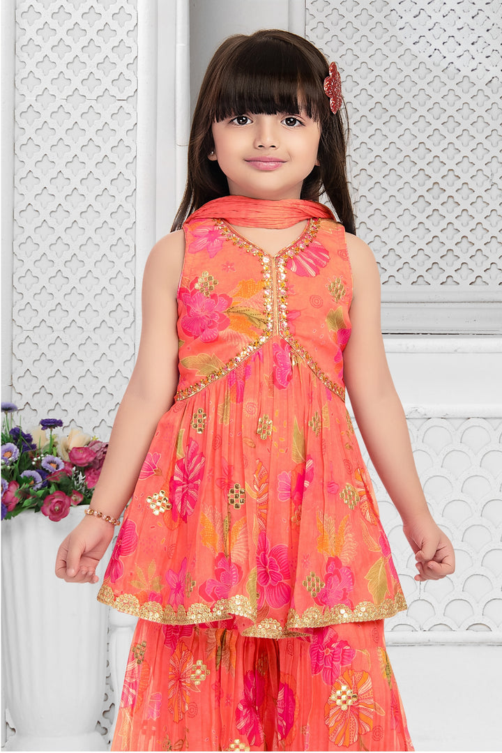 Orange Sequins and Stone work Alia Cut Peplum Top and Sharara Set for Girls