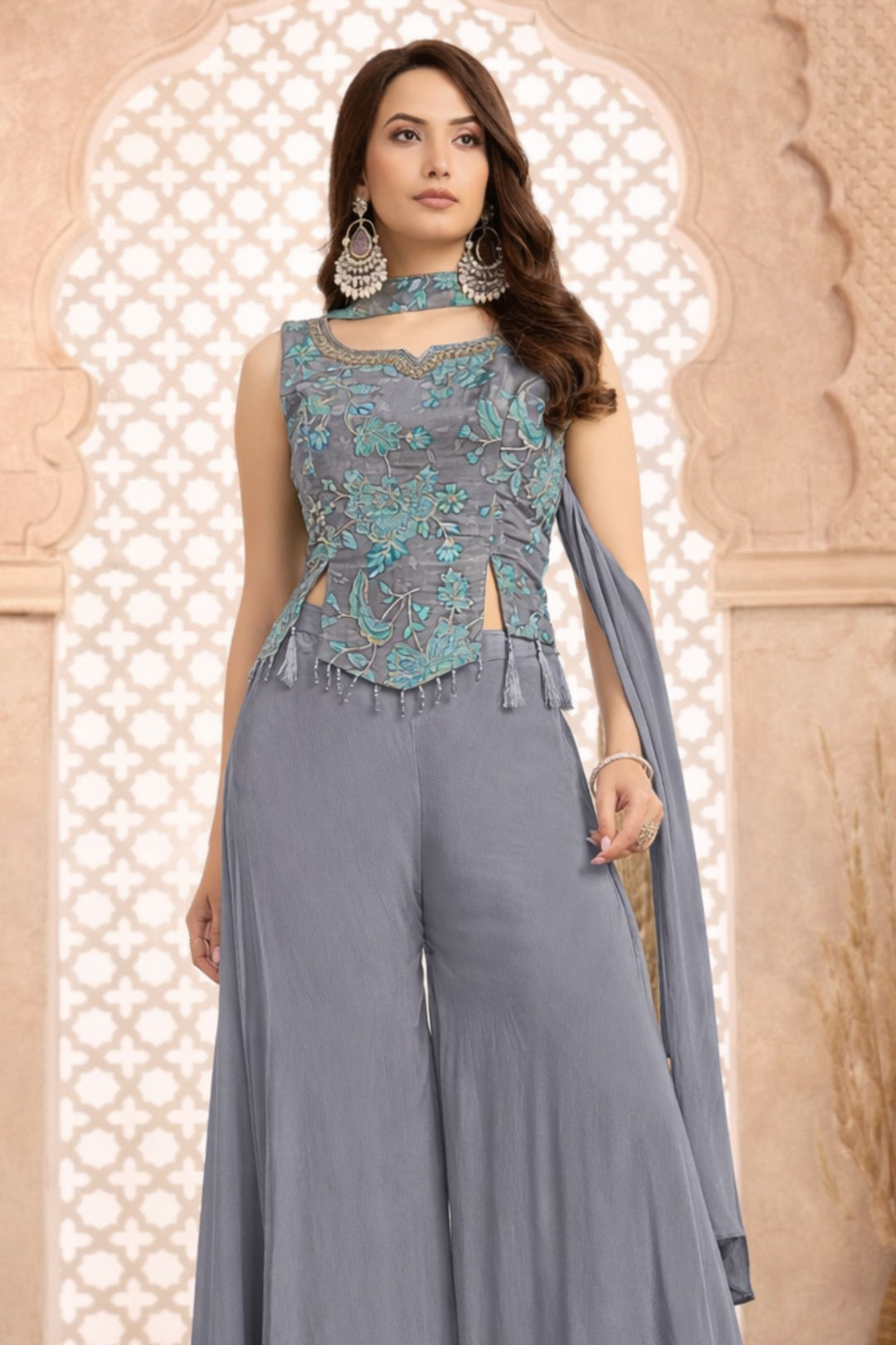 Grey Zari, Sequins, Beads and Mirror work with Floral Print Palazzo Suit Set