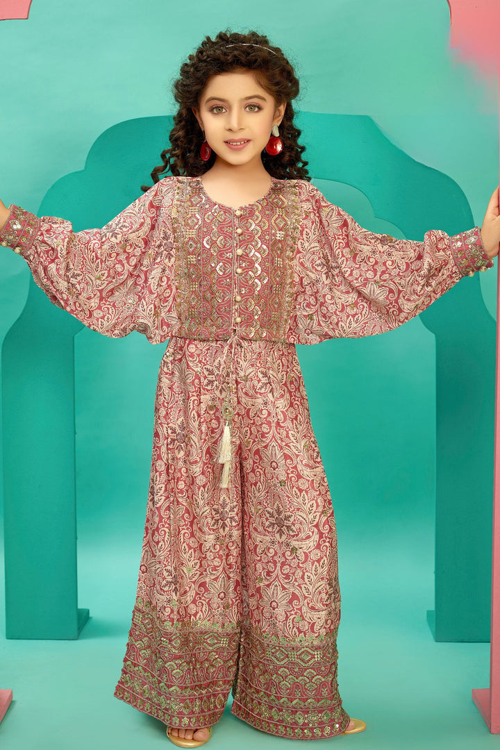 Light Pink Printed, Sequins and Zari work Kaftan Styled Top and Palazzo Set for Girls