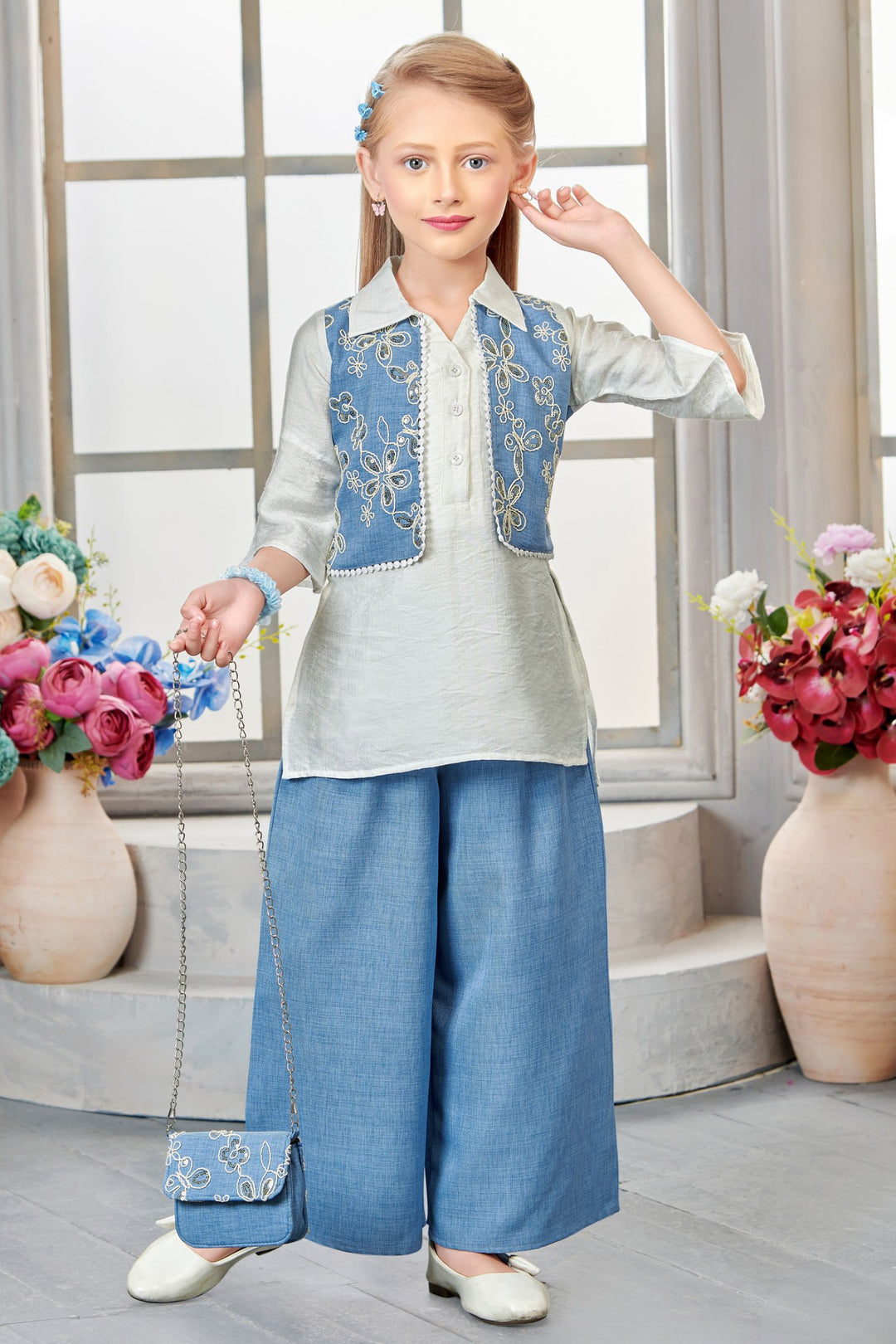 Cream with Light Blue Sequins and Thread work Palazzo Set for Girls