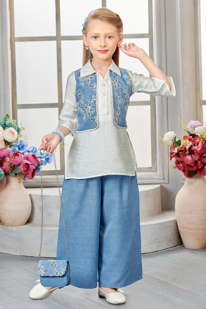 Cream with Light Blue Sequins and Thread work Palazzo Set for Girls