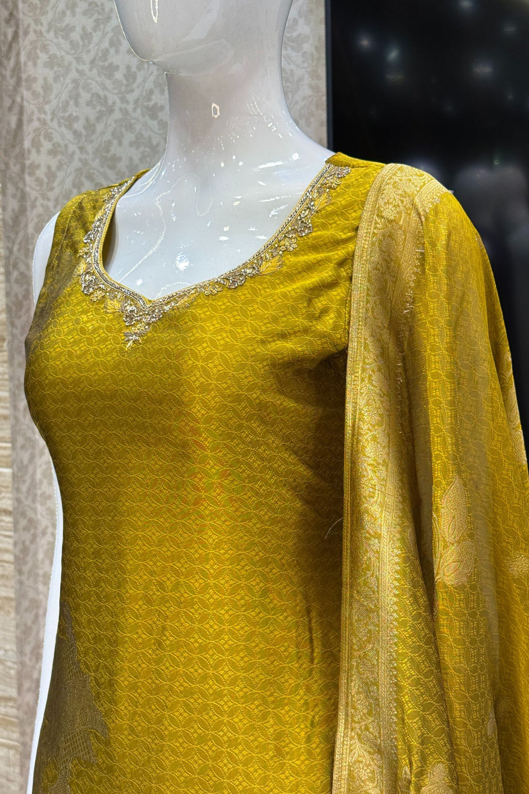 Olive Green Banaras, Stone, Zardozi, Beads and Zari work Straight Cut Salwar Suit