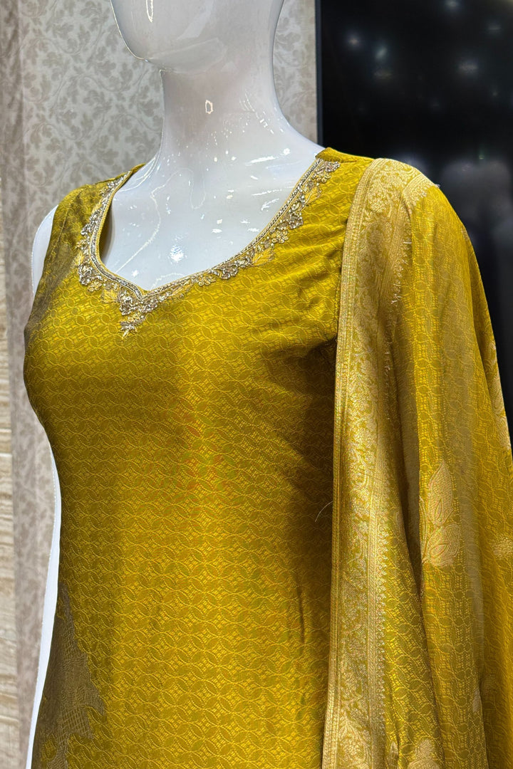 Olive Green Banaras, Stone, Zardozi, Beads and Zari work Straight Cut Salwar Suit