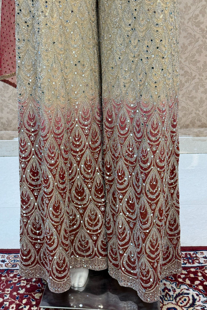 Beige with Maroon Sequins, Zardozi, Beads and Stone work Crop Top with Palazzo Pant