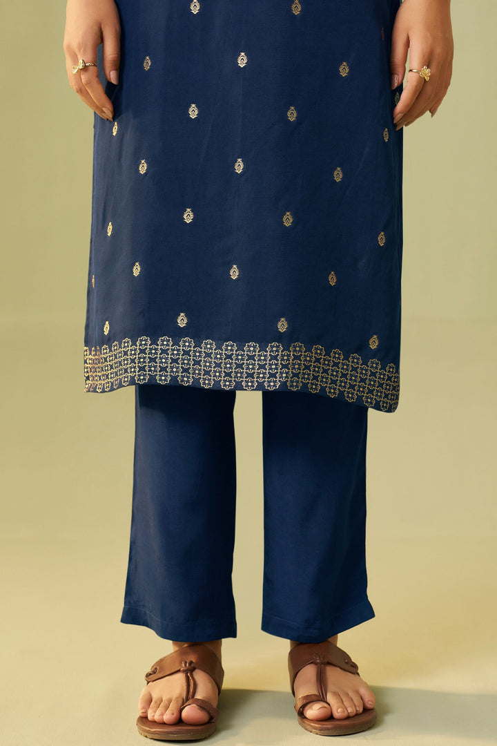 Navy Blue Embroidery, Banaras and Beads work Straight Cut Salwar Suit