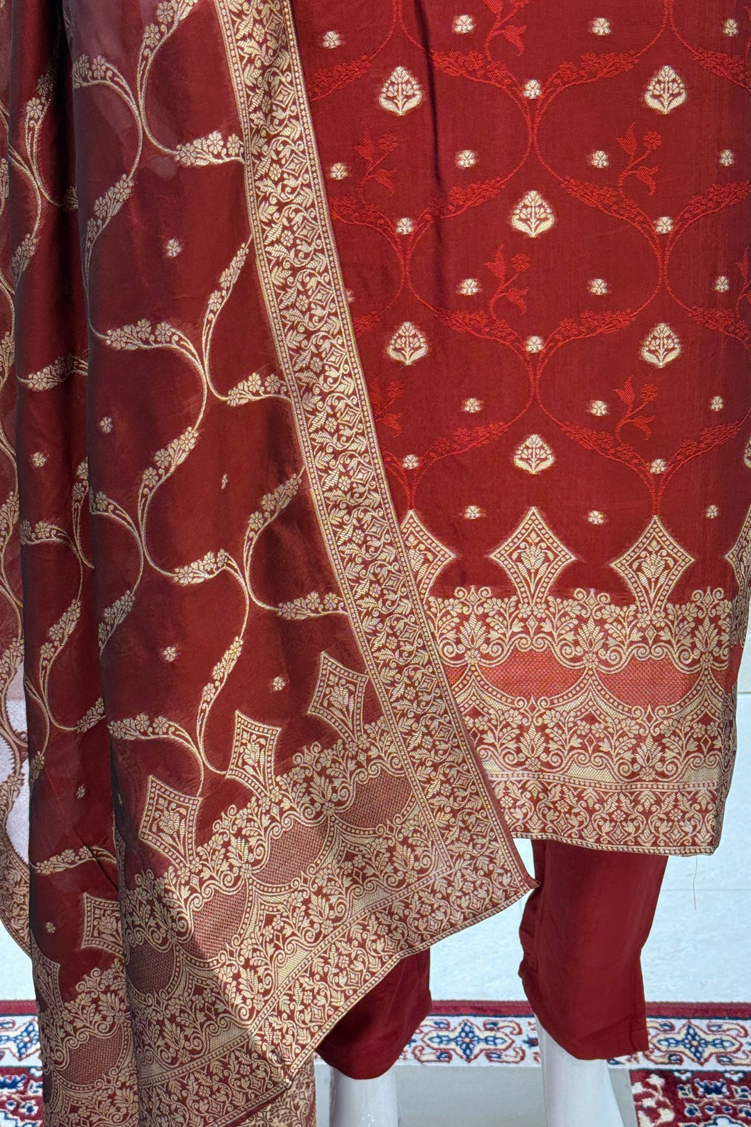 Maroon Zardozi, Sequins, Mirror, Stone, Brocade and Banaras work Straight Cut Salwar Suit