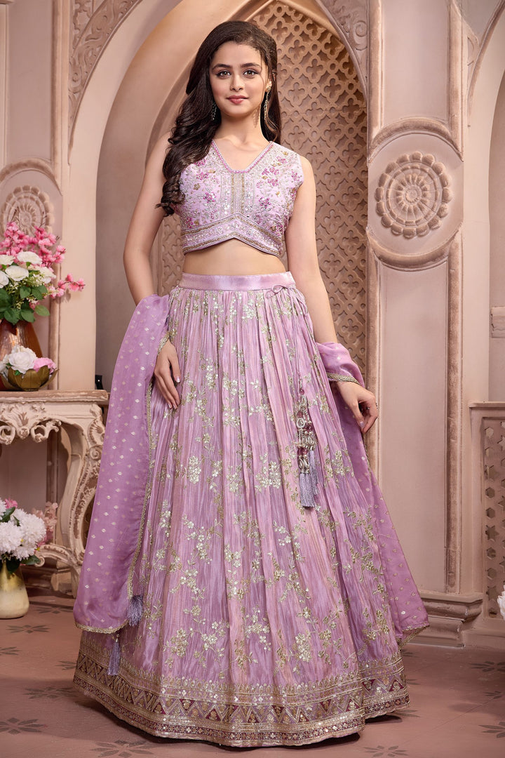 Lavender Mirror, Sequins, Beads, Zari and Thread work Lehenga Choli for Girls