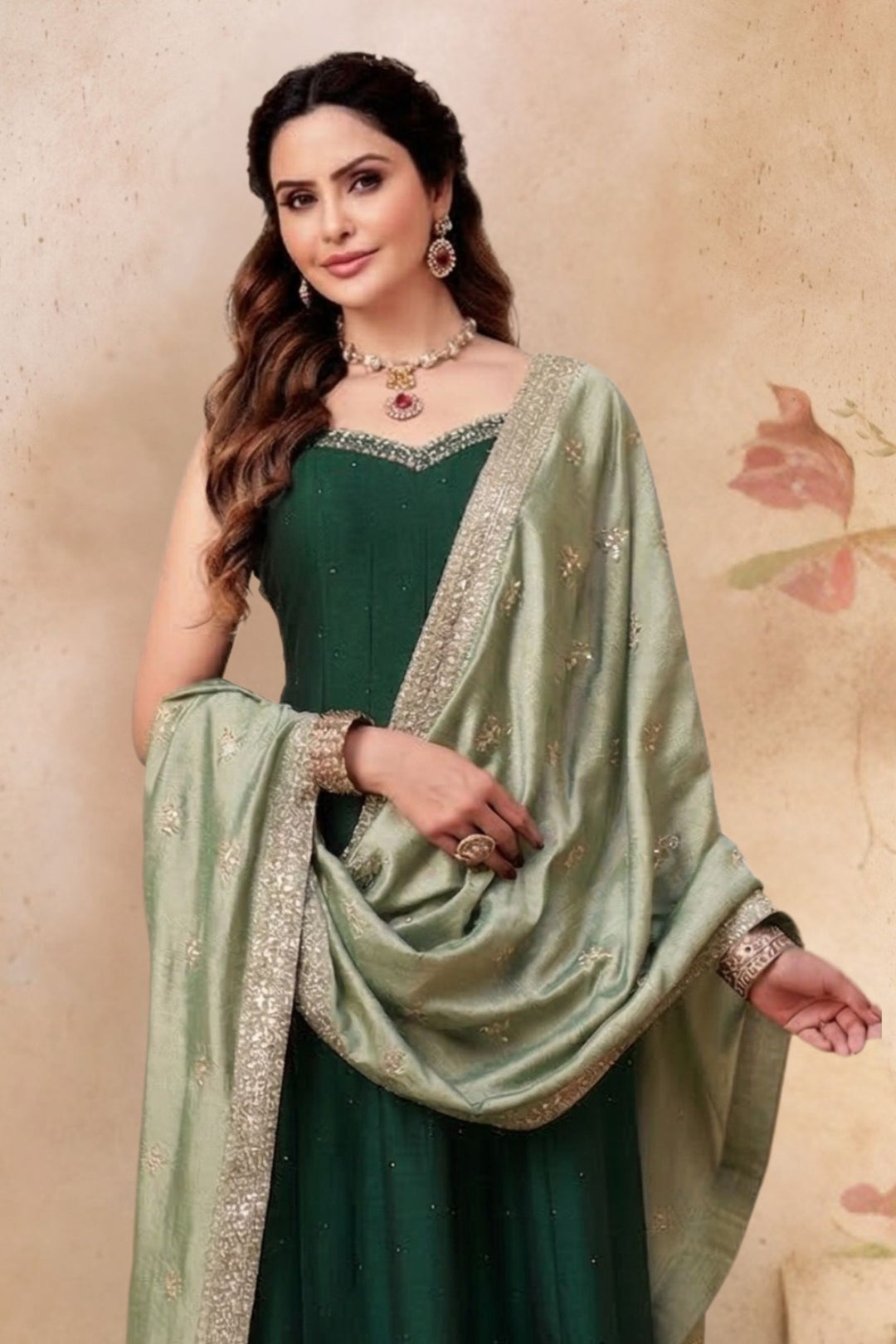 Bottle Green Stone and Thread work Anarkali Style Salwar