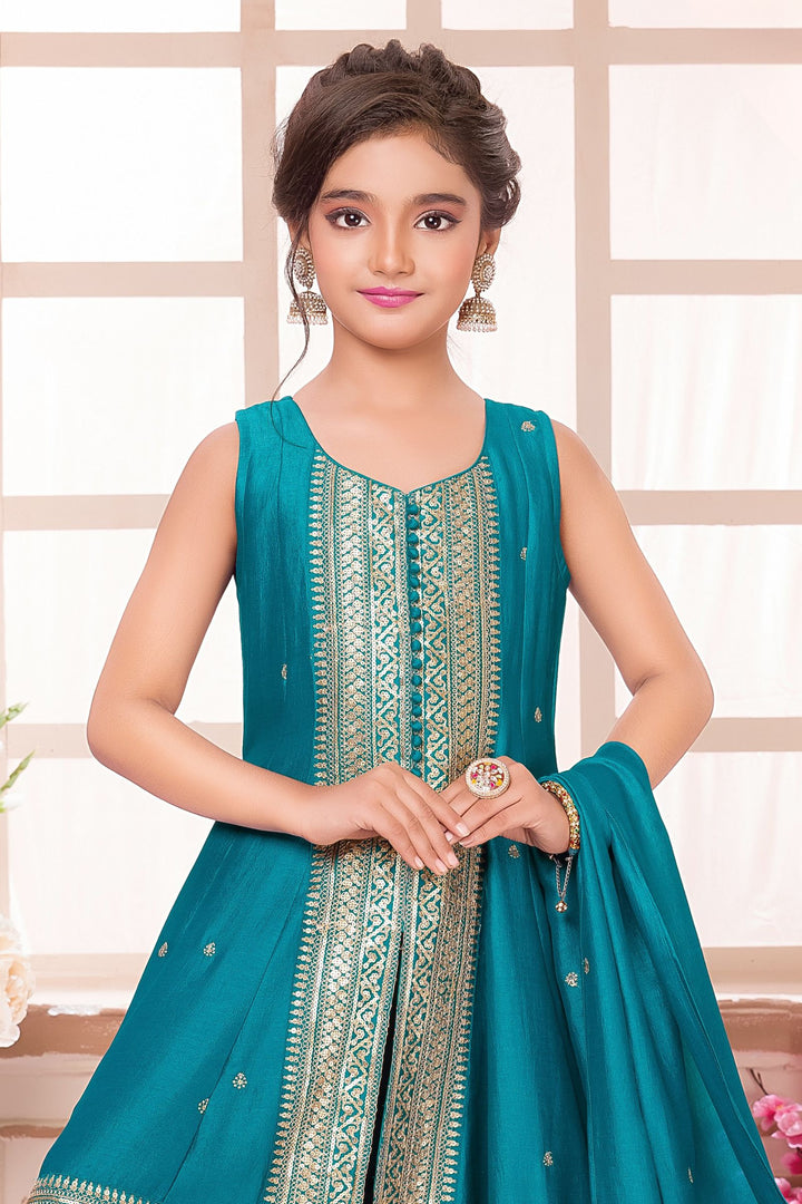 Rama Blue Sequins and Zari work Salwar Suit for Girls