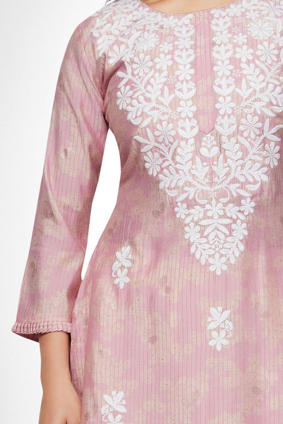 Peach Embroidery Calf Length Kurti