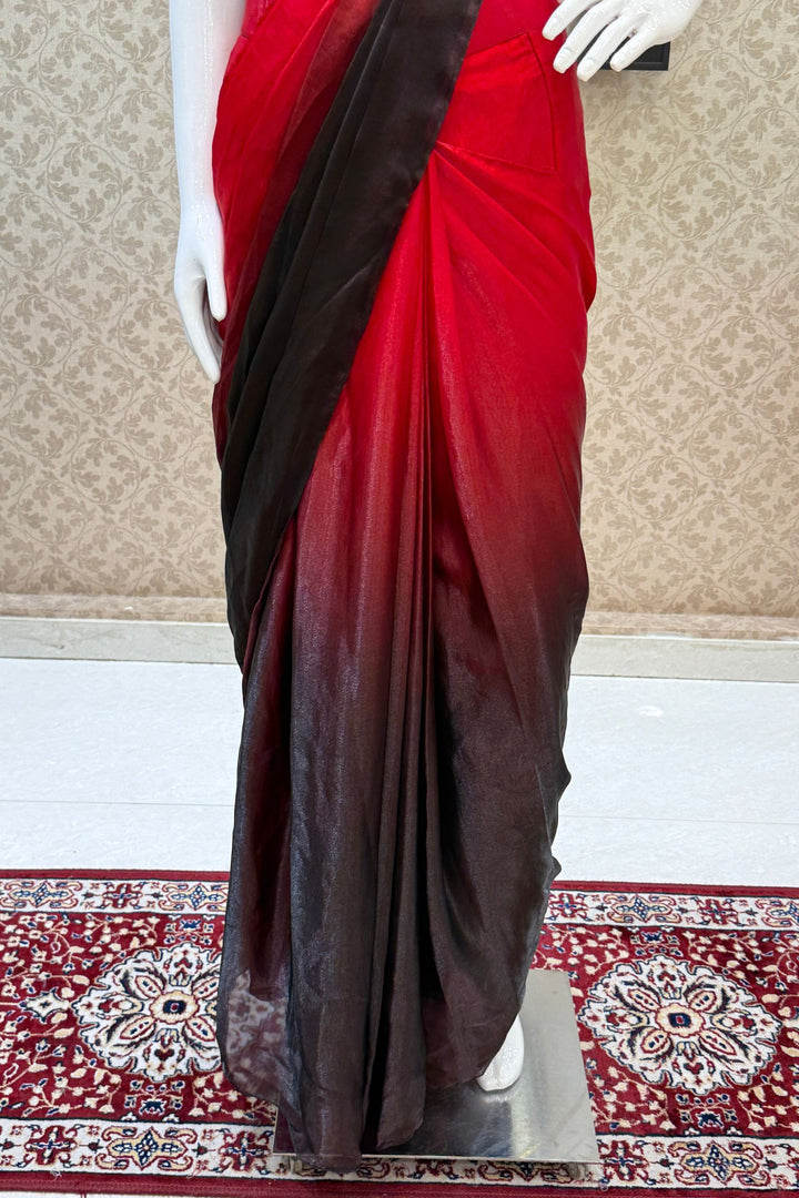 Red with Black Readymade Saree with Beads and Sequins work Readymade Blouse
