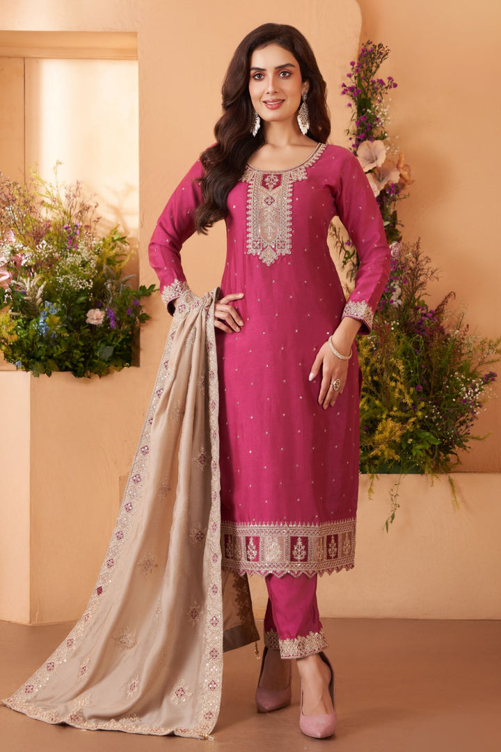 Magenta Sequins, Zari and Thread work Straight Cut Salwar Suit