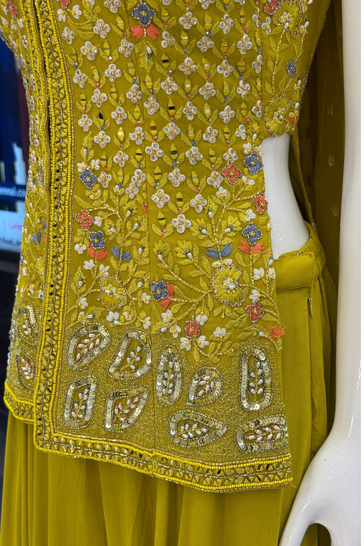 Liril Green Beads, Zari, Sequins, Stone and Embroidery work High Slit Palazzo Set