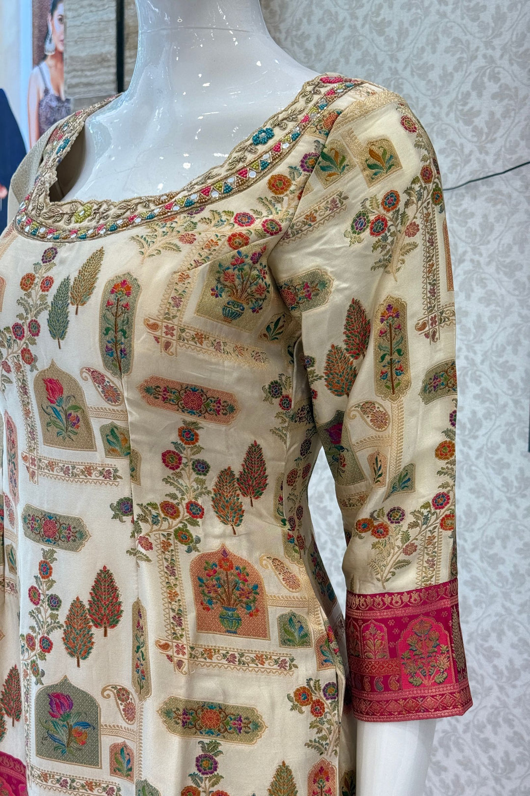 Beige Beads, Mirror, Zardozi and Banaras work Palazzo Salwar Suit
