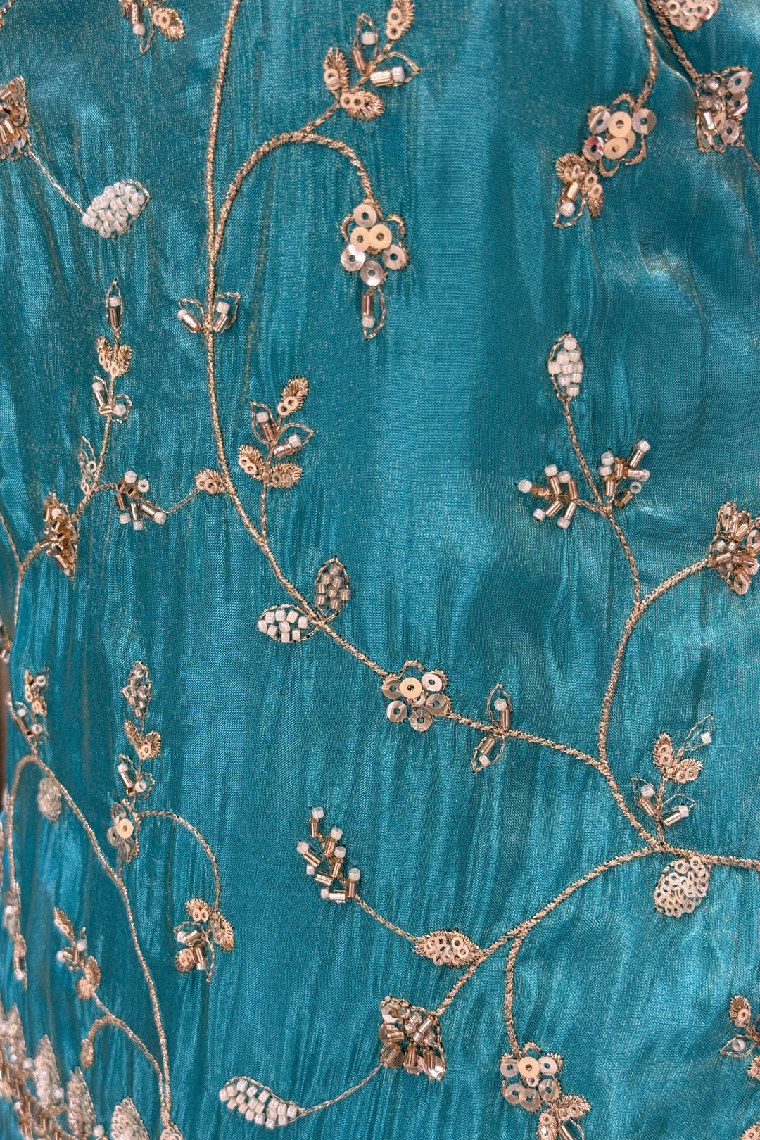 Rama Blue Beads, Zari and Sequins work Top with Flared Palazzo Set