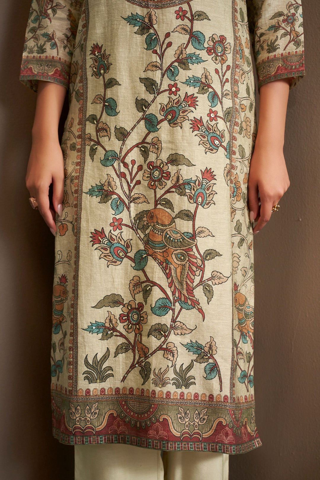 Beige Beads and Sequins work with Digital Print Straight Cut Salwar Suit