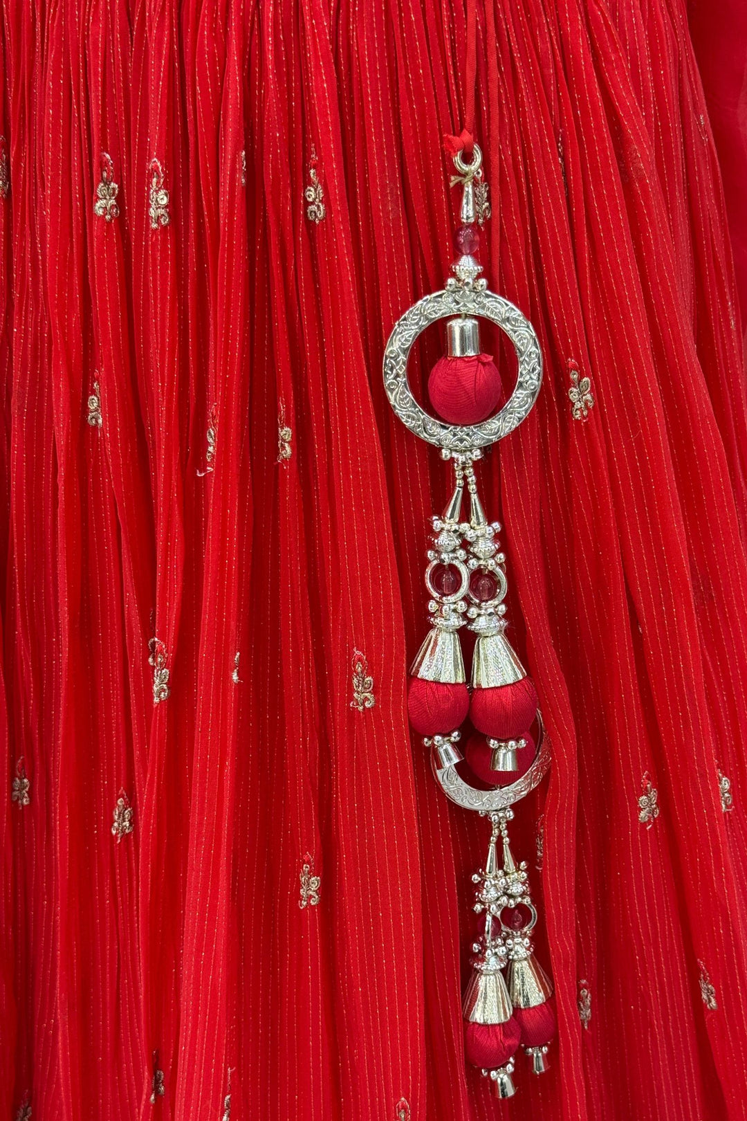 Red Mirror, Zardozi, Beads, Thread, Stone, Zari and Sequins work Crop Top Lehenga