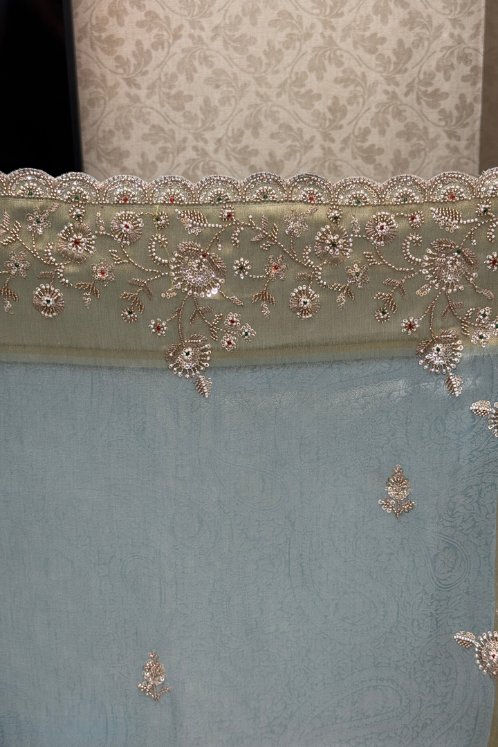 Firozi Blue Banaras, Beads, Sequins and Zari work Saree