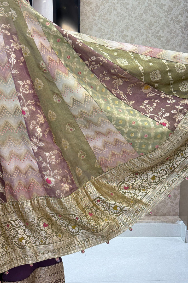 Multicolour Banarasi Anarkali Palazzo Set with Zari Dupatta