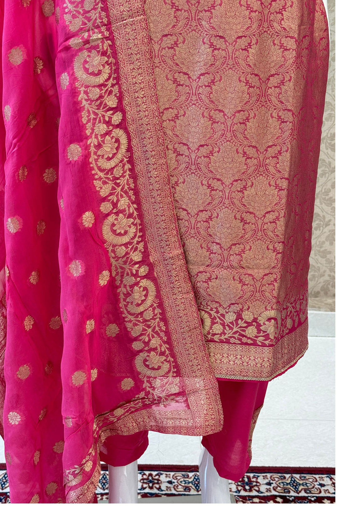 Rani Pink Beads, Mirror, Stone, Banaras and Brocade work Straight Cut Salwar Suit