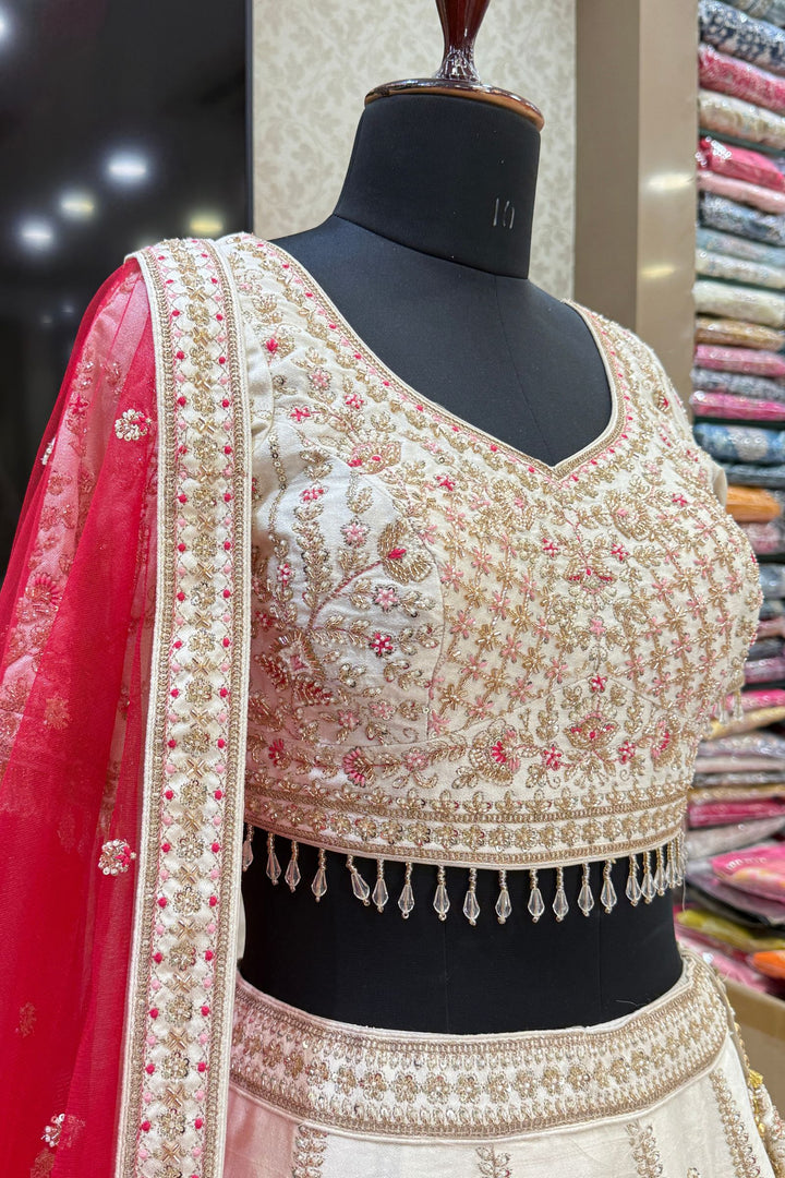 Designer Wedding Lehenga in Cream with Beads, Zari, Sequins and Thread Work