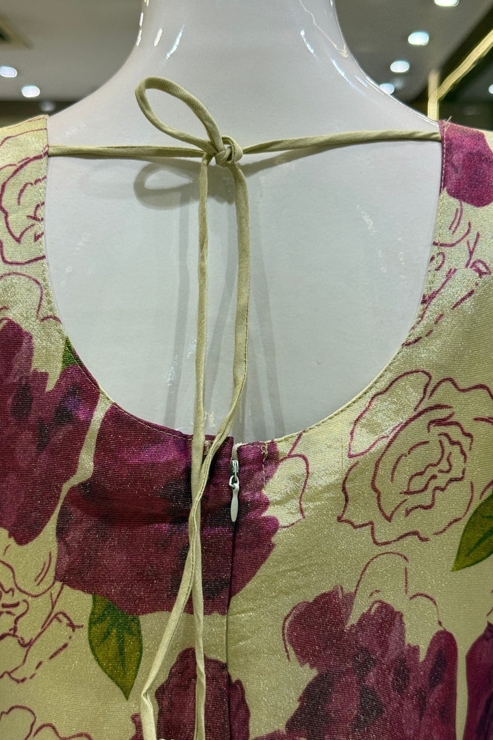 Beige with Purple Floral Print with Zardozi and Mirror work Straight Cut Salwar Suit