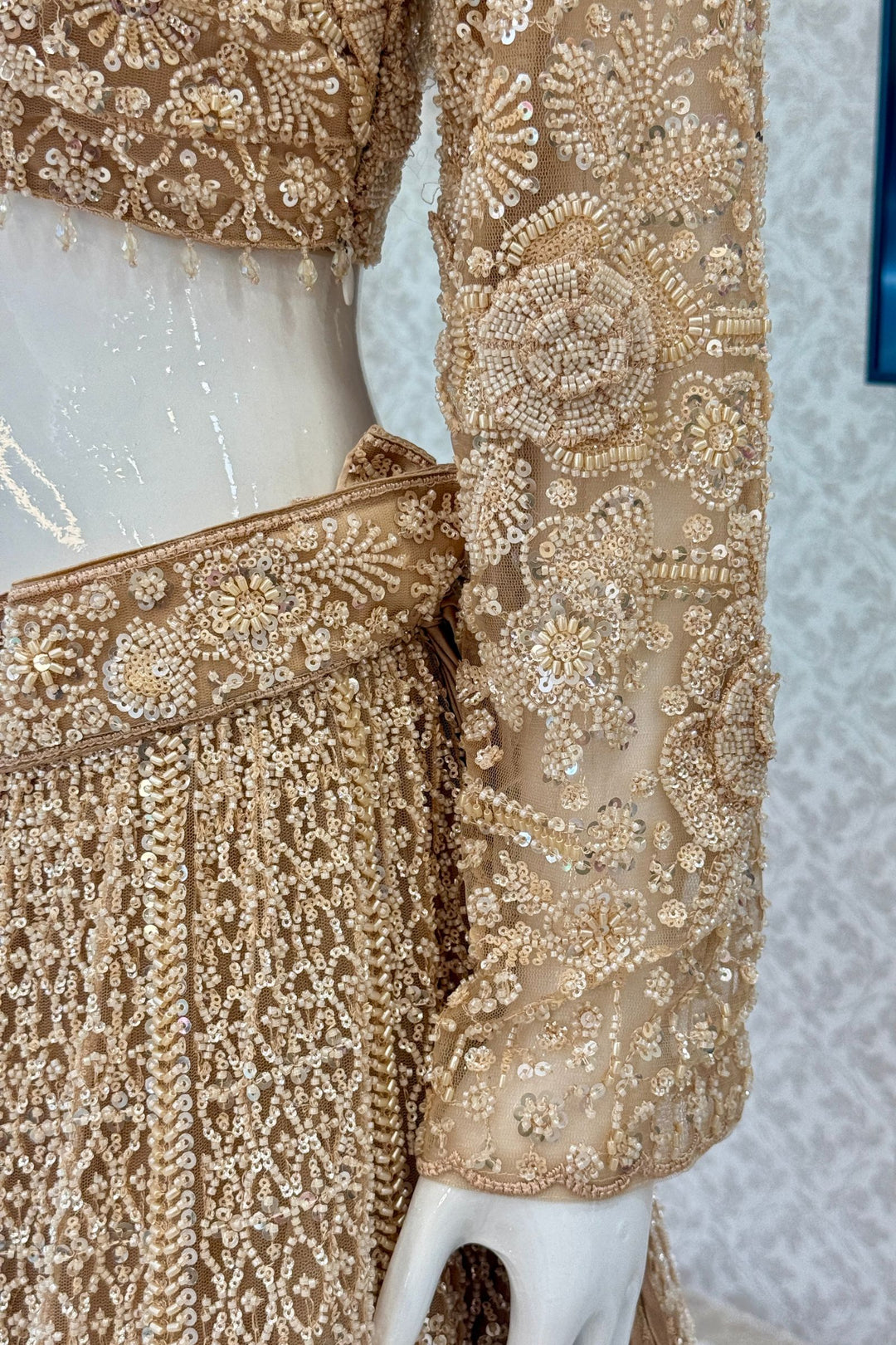 Gold Beads and Sequins work Crop Top Designer Bridal Lehenga