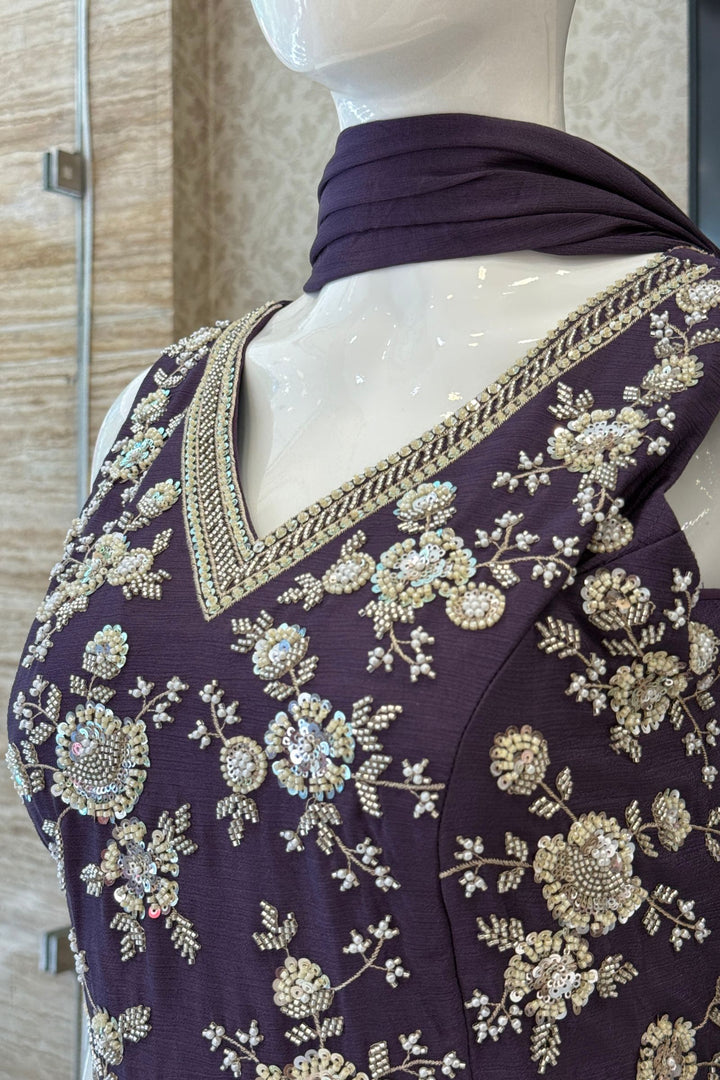 Purple Beads, Zari and Sequins work Palazzo Salwar Suit