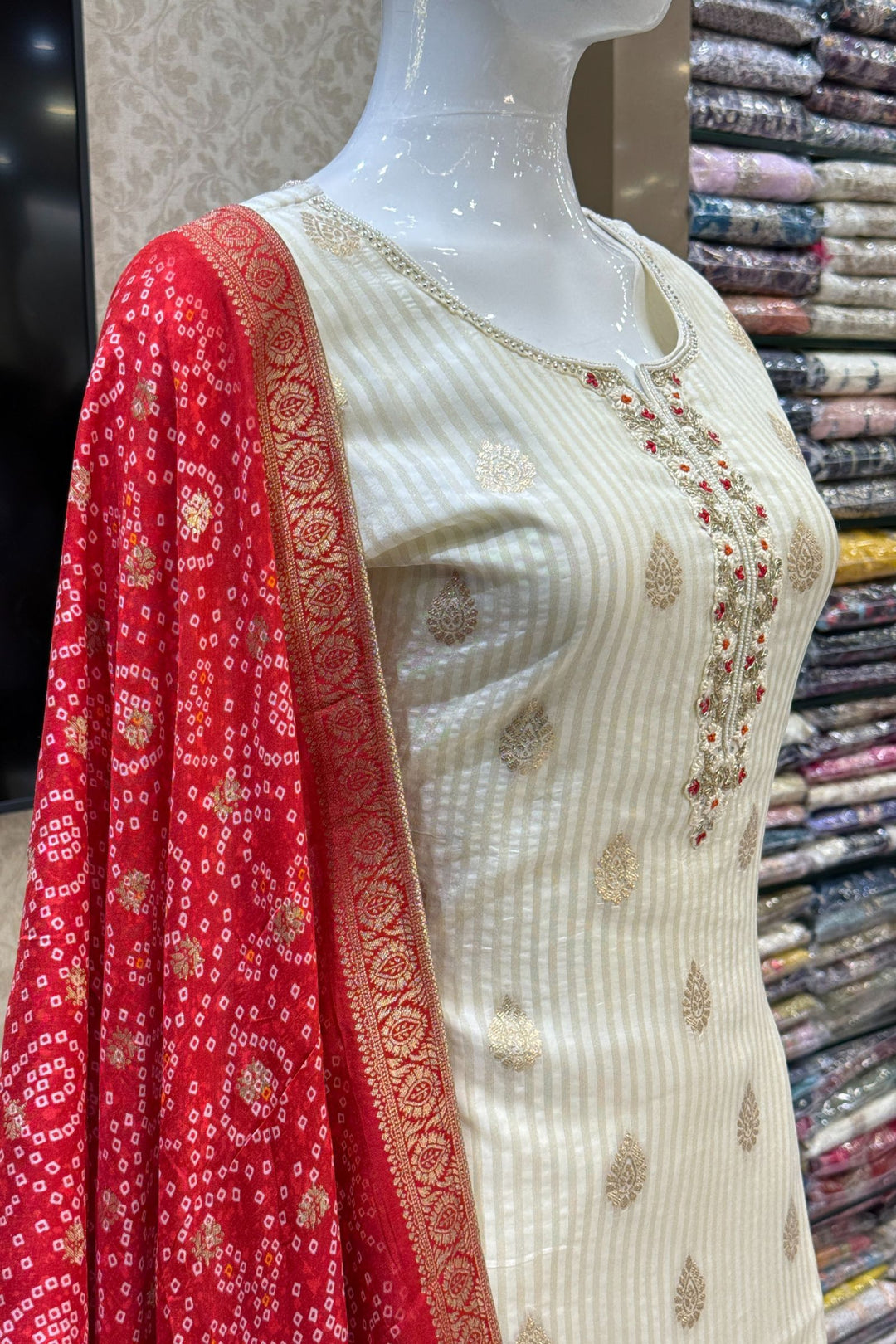 Cream Beads, Thread and Banaras work Straight Cut Salwar Suit with Bandini Print Dupatta