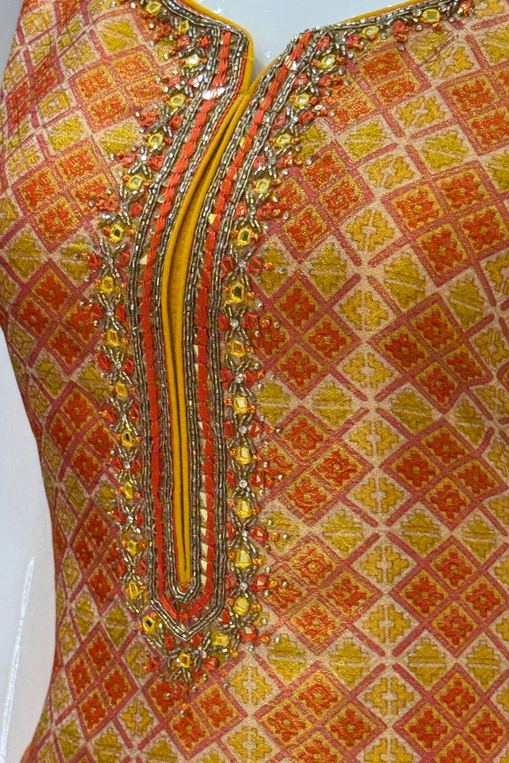 Yellow Beads, Stone, Mirror, Zardozi and Thread work with Digital Print Straight Cut Salwar Suit