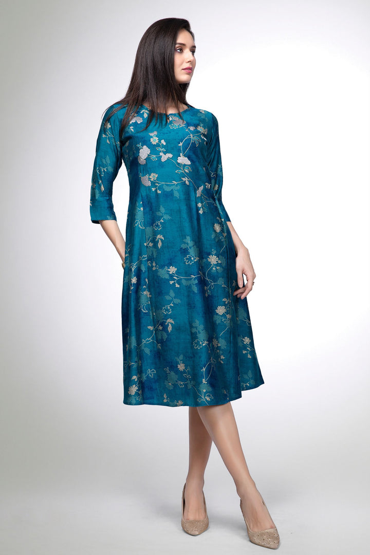 Rama Blue Embroidery and Zari work with Digital Print Aline Cut Calf Length Kurti