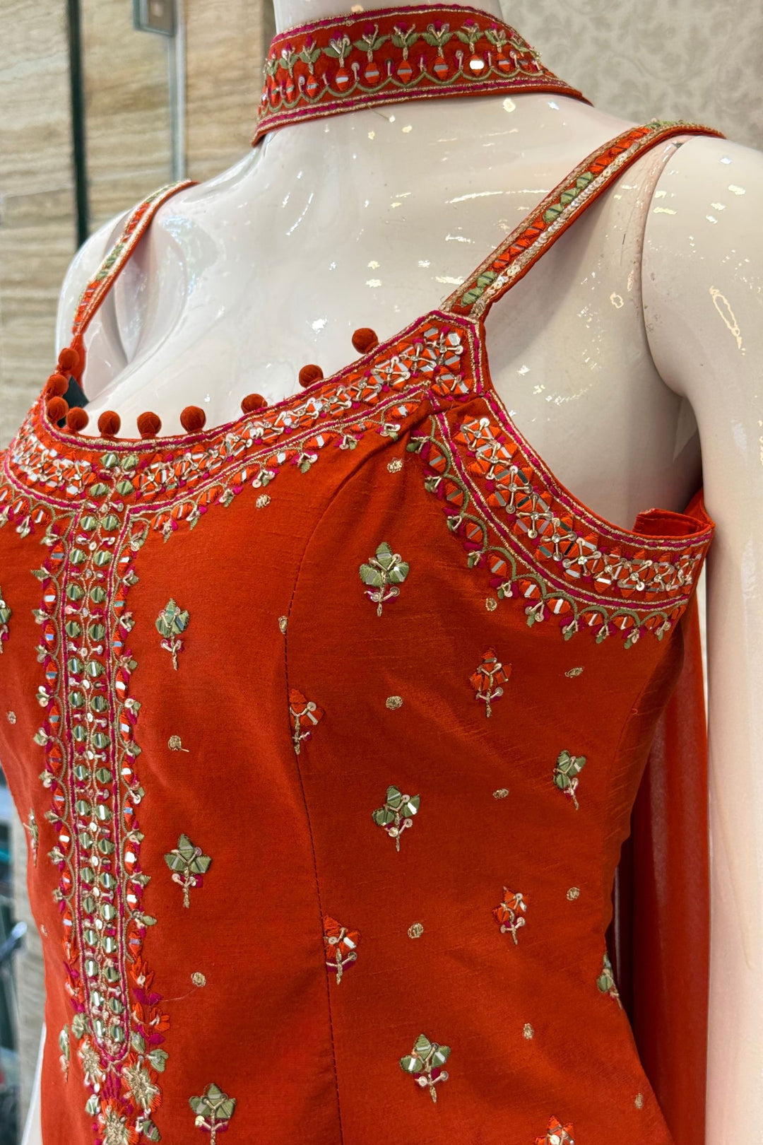 Mirror, Sequins, Zardozi and Thread Detail on Orange Festive Kurta with Palazzo Set