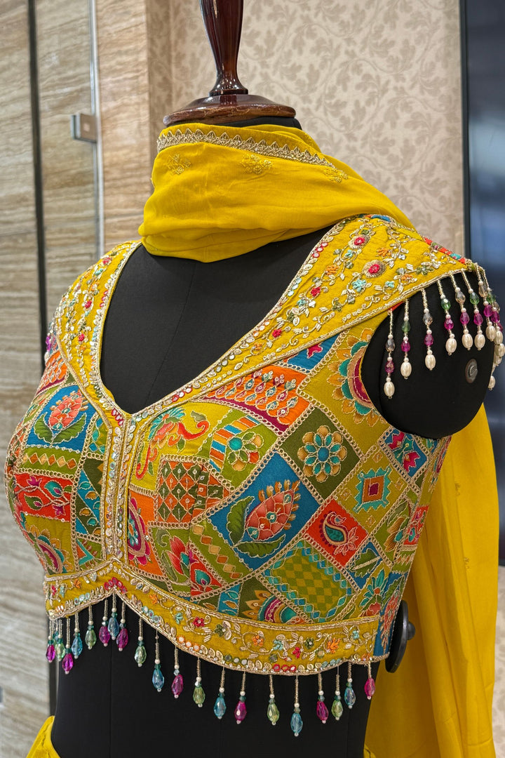 Liril Green Zardozi, Stone and Beads work with Multicolor Digital Print Crop Top Lehenga