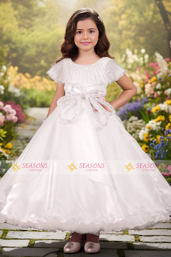 White Beads and Sequins work Kaftan Styled Long Party Frock for Girls