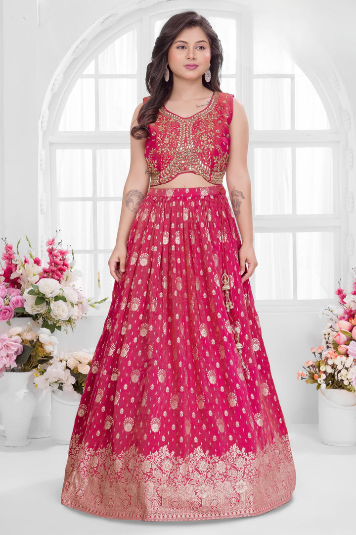 Rani Pink Mirror, Stone and Zari work Lehenga Choli for Girls