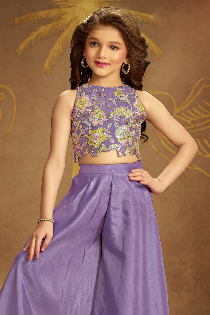 Lavender Sequins, Beads and Multicolor Thread work Palazzo Suit Set for Girls