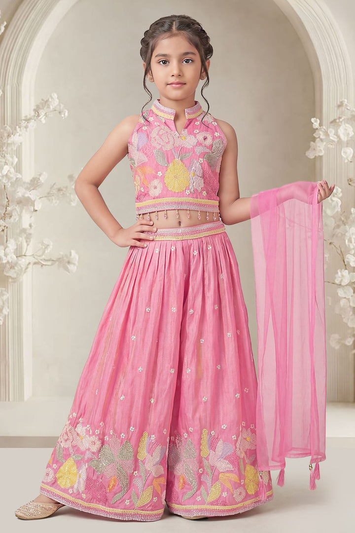 Pink Floral Embroidered Lehenga Set with Matching Dupatta for Girls