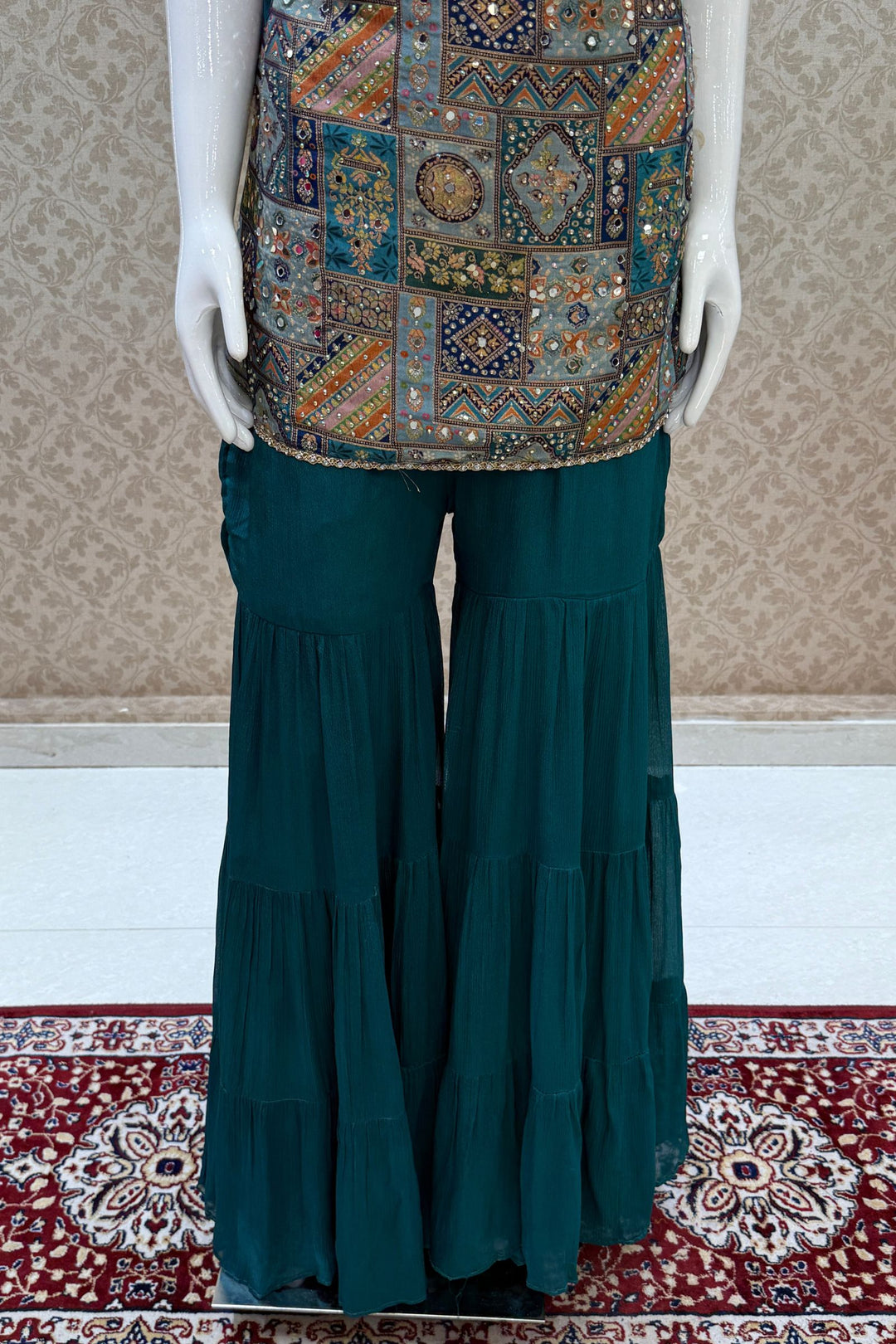 Rama Green Stone, Mirror and Banaras work with Digital Print Sharara Salwar Suit
