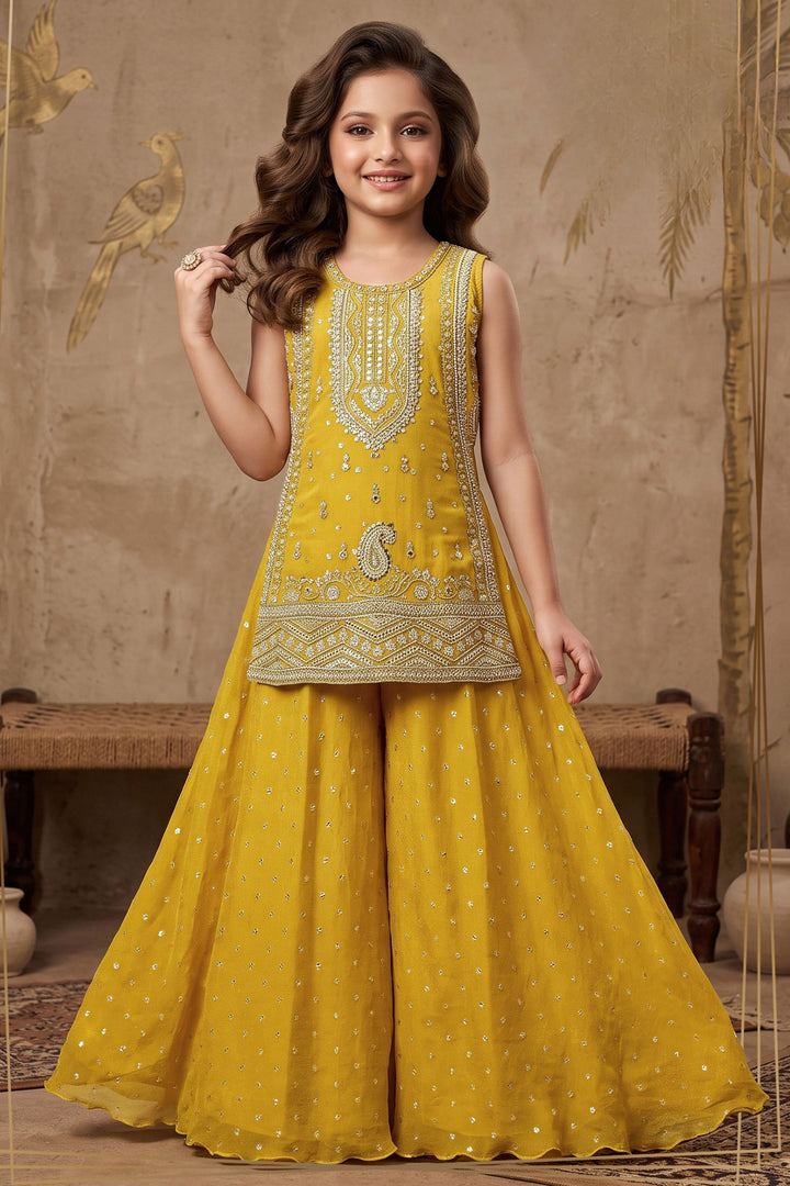 Yellow Beads, Sequins and Zari work Palazzo Set for Girls
