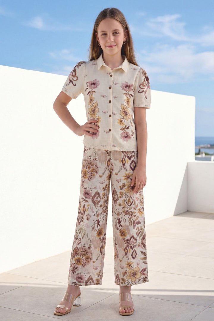 Cream with Floral Print Co-ord Set for Girls