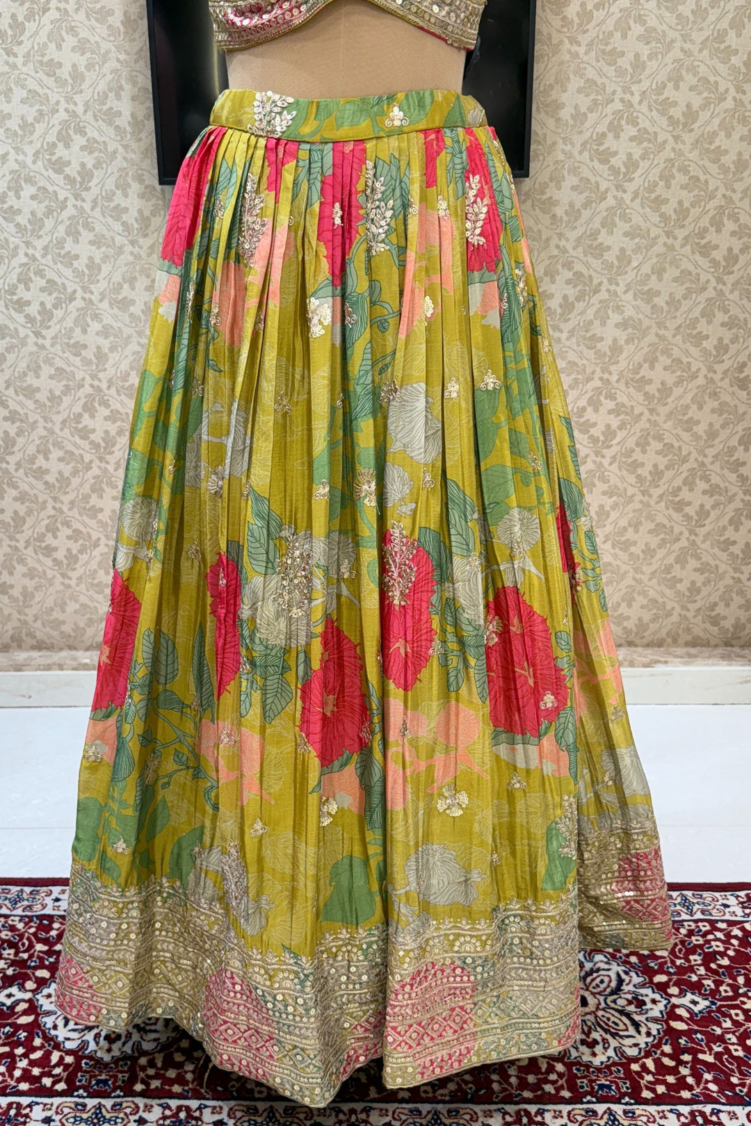 Liril Green Sequins and Zari work with Multicolor Digital Print Crop Top Lehenga