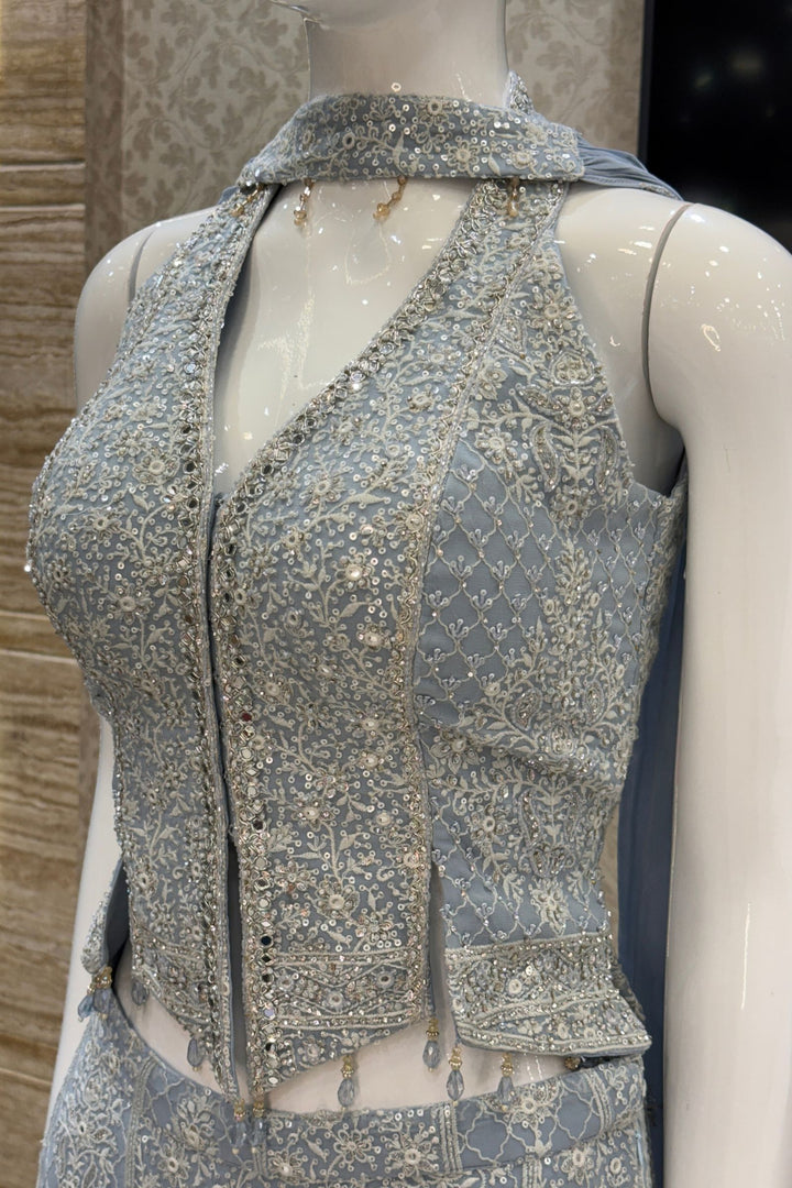 Sky Blue Halter Neck Palazzo Set with Chikankari, Beads, Sequins, Mirror and Stone Detailing