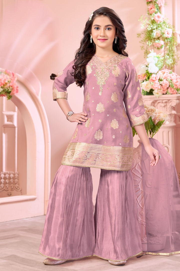 Onion Pink Brocade, Zardozi, Beads and Sequins work Sharara Suit Set for Girls