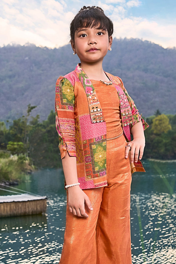 Rust with Multicolor Digital Print Jacket Styled Palazzo Set for Girls