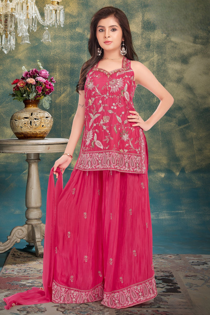 Rani Pink Zari, Sequins, Beads, Embroidery and Mirror work Palazzo Suit Set for Girls