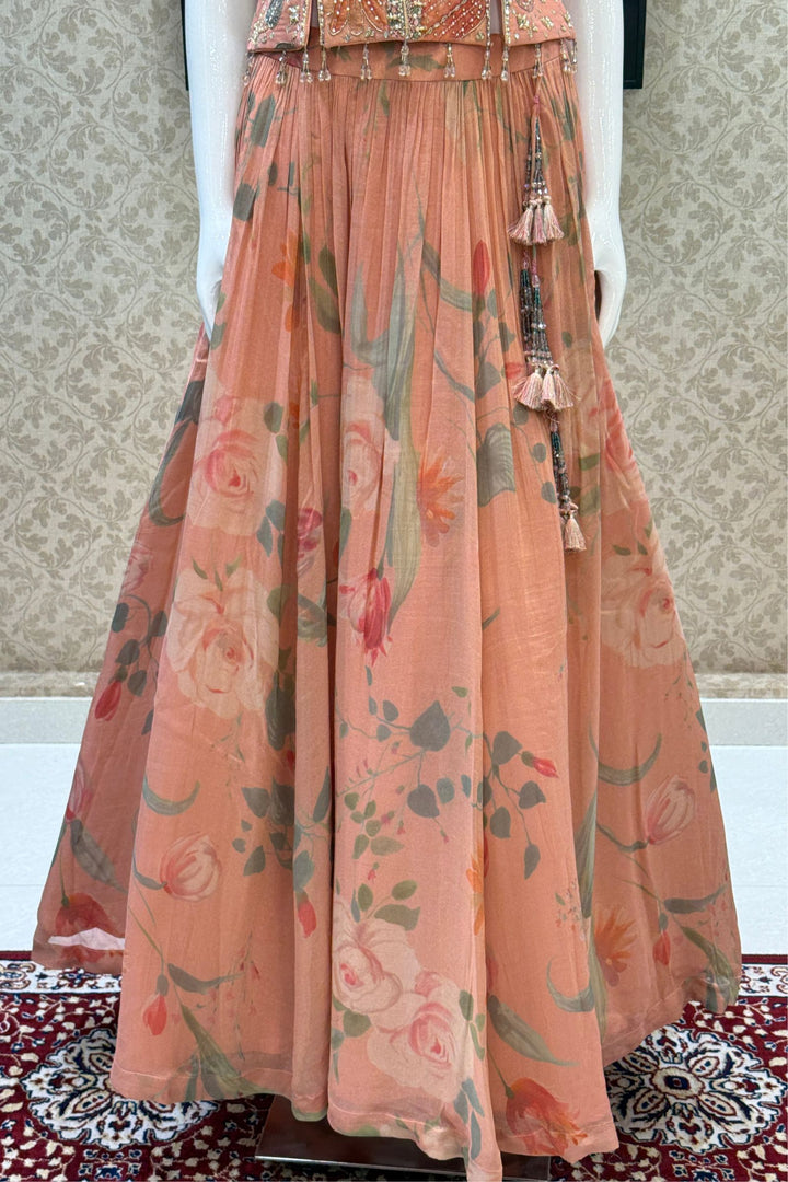 Peach Beads, Mirror and Zardozi work with Digital Print Peplum Style Lehenga