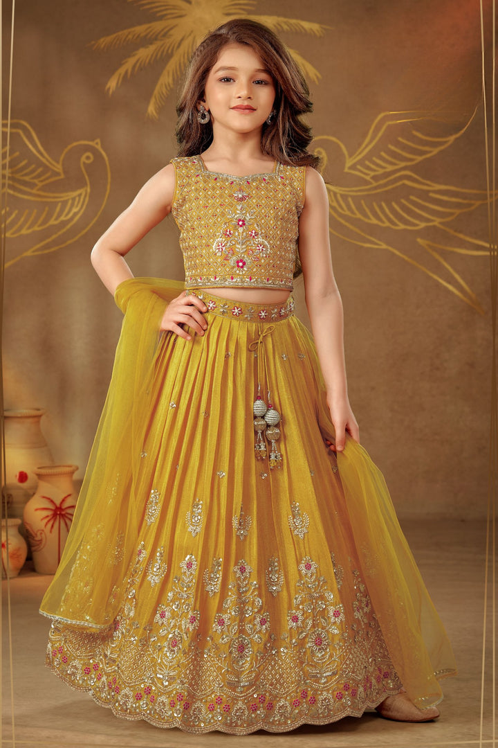 Yellow Beads, Zari, Sequins, Stone and Thread work Lehenga Choli for Girls