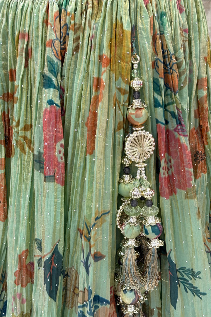 Pista Green Beads, Stone, Mirror and Zari Thread work with Floral Print Crop Top Lehenga