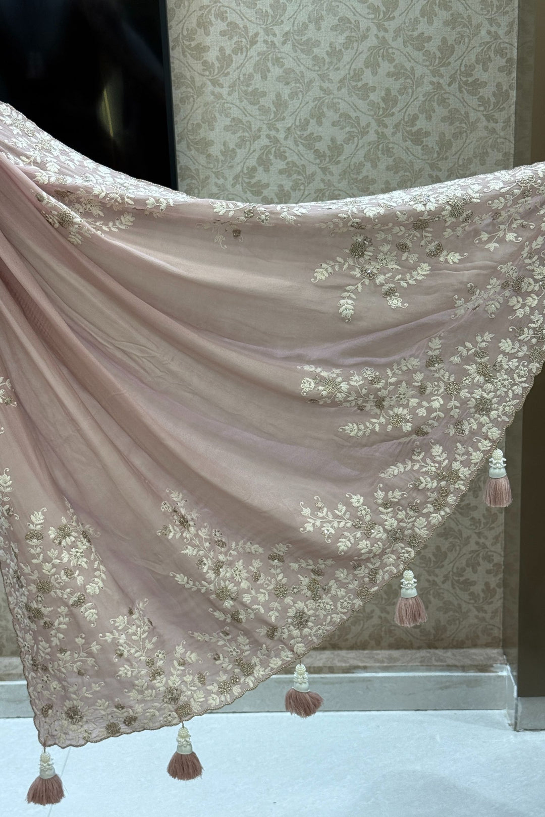 Onion Pink Embroidery, Zari and Sequins work Saree